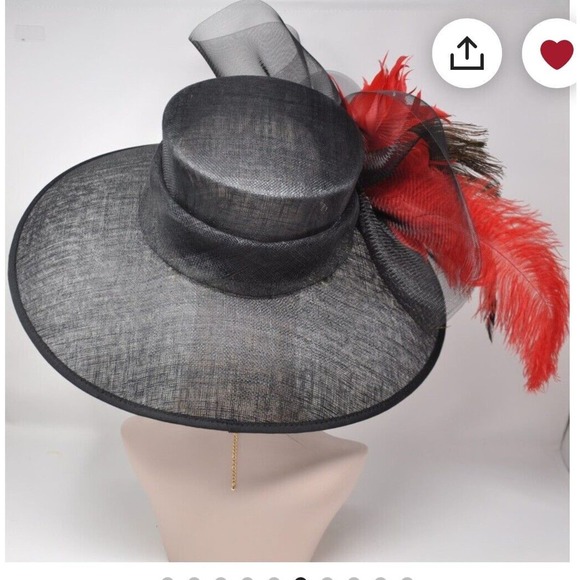 Black red feathers Flowers Kentucky Derby Tea Party Wide Brim Hat Handmade - Picture 5 of 10